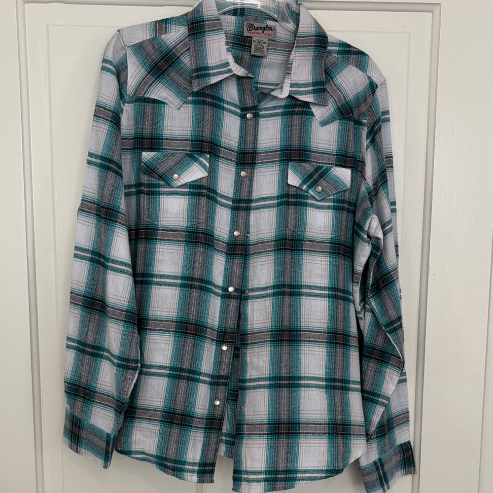 Wrangler Vintage Women’s Ranch‎ Shirt Teal and White Plaid Button Down Shirt